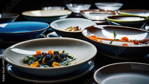 Assortment of bowls filled with diverse gourmet salads, featuring various fresh fruits, herbs, and a dark surface