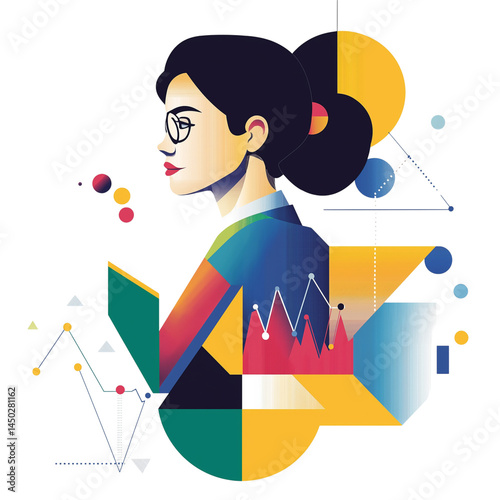 Modern flat vector illustration of female finance analyst, bold vibrant colors, geometric shapes, clean lines, transparent background.