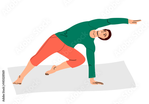 Man doing yoga asana wearing workout clothes. Exercises for strength, balance, and mindfulness.The concept of yoga,meditation,sports,healthy lifestyle. Illustration for apps, banners, leaf out