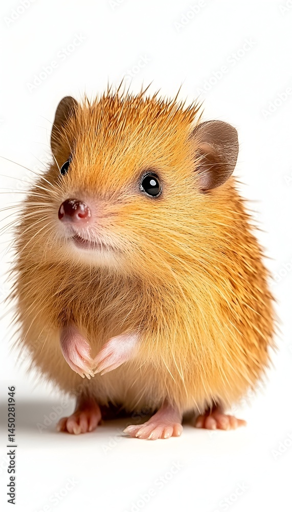 An adorable, tiny, golden-furred hedgehog stands on its hind legs against a white backdrop An adorable, tiny, golden-furred hedgehog stands on its hind legs against a white backdrop