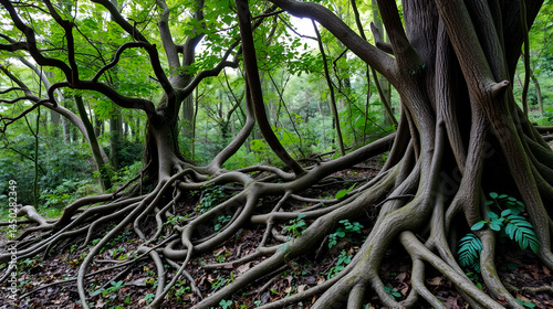 Overgrown forest landscape with twisted tree roots,  foliage,  overgrowth