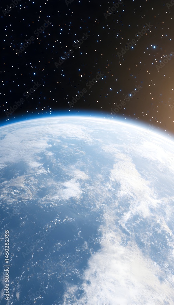Naklejka premium Earth's curve seen from space, sunlight illuminating clouds and atmosphere against a starry backdrop