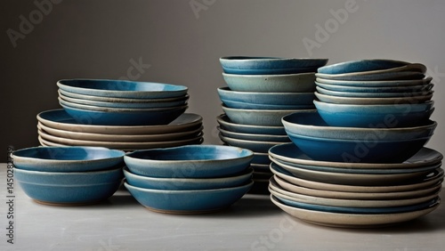Stacked stoneware pottery tableware, set of ceramic dishes, simple plates and bowls in natural light, dining kitchenware