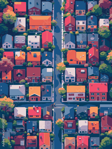 seamless pattern with houses, topview landscape, vector illustration