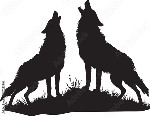 Silhouette of Two Wolves Howling at the Sky in a Wilderness Environment