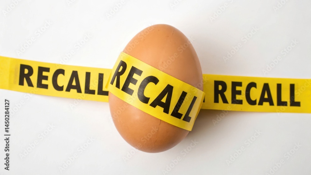 An egg is shown with bright yellow recall tape wrapped around it, indicating a food safety issue. The stark contrast highlights the urgency of the recall message for consumers