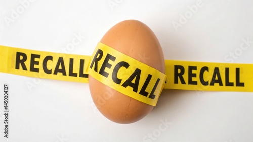 Obraz na płótnie An egg is shown with bright yellow recall tape wrapped around it, indicating a food safety issue. The stark contrast highlights the urgency of the recall message for consumers w salonie
