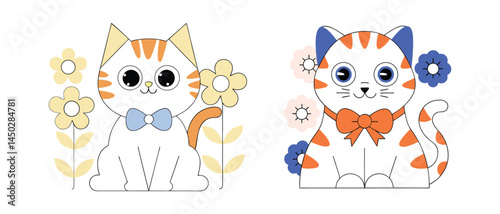 Sweet sitting kitty with flowers children's illustration vector on a white background
