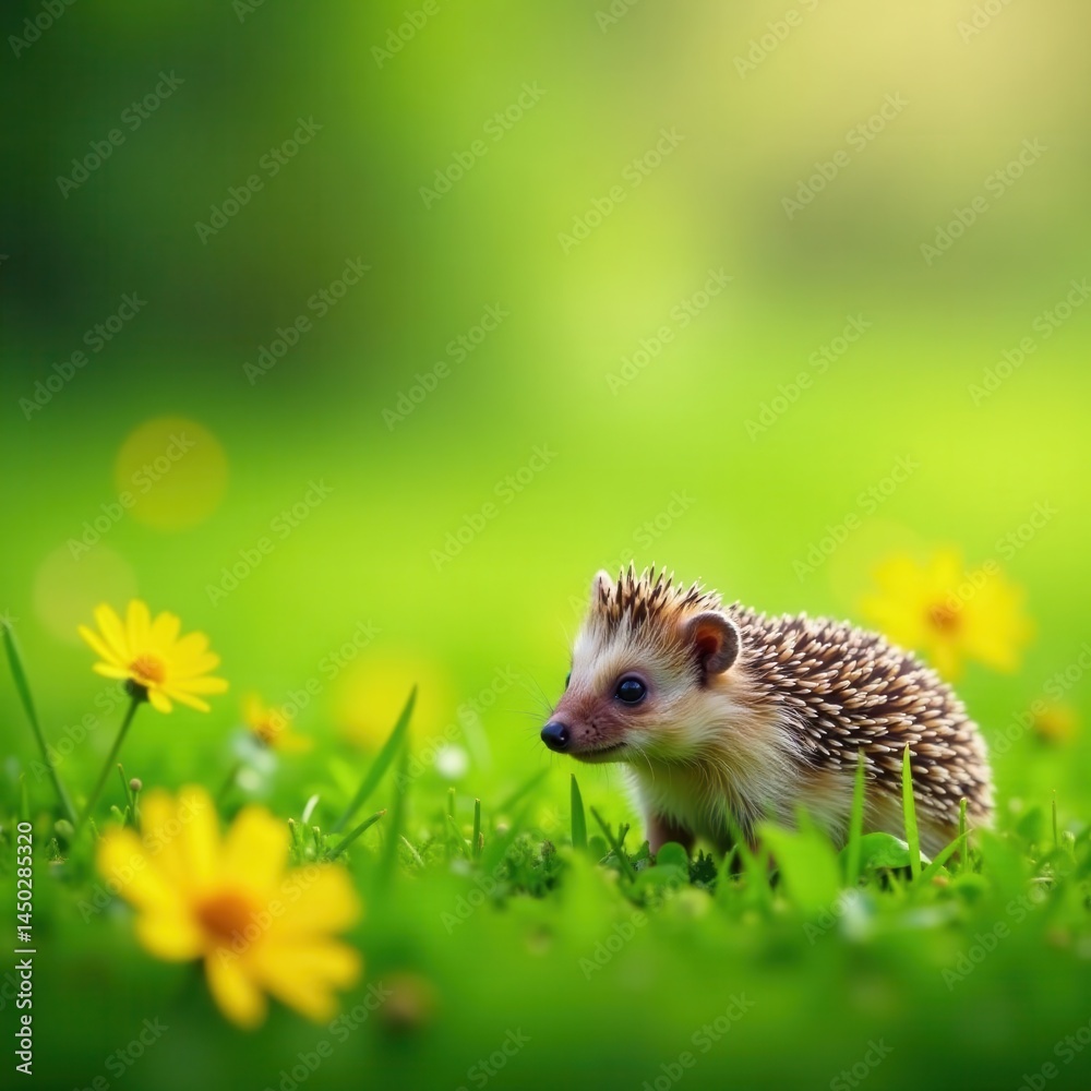 Tiny hedgehog amidst vibrant green grass and yellow daisies , green grass, photo, animal Tiny hedgehog amidst vibrant green grass and yellow daisies , green grass, photo, animal