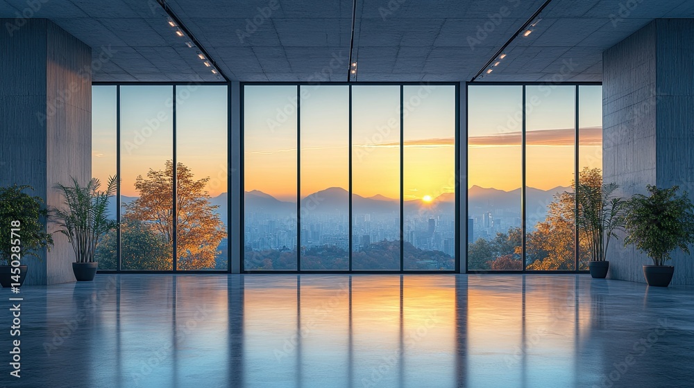 Naklejka premium Modern interior space with panoramic city views at dawn.