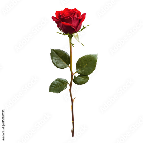 Single, deep red rose with green leaves on long stem
