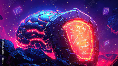 Futuristic brain encased in a glowing, technological casing.  Surrounded by vibrant cosmic landscape