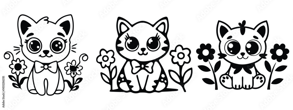 Fototapeta premium Simple line art cat with bow tie and flowers graphic element on a white background
