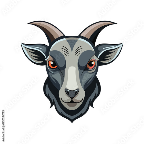Stylized goat head, graphic illustration, fierce eyes, curved horns,  sharp horns, blue and gray fur, red eyes, tribal tattoo style, mascot design, 