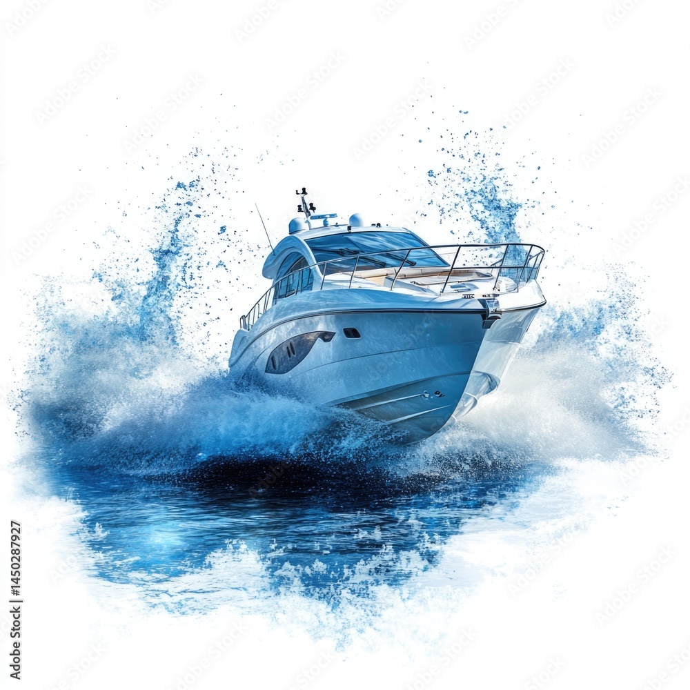 Fototapeta premium Luxury boat navigating through waves and splashes on white background