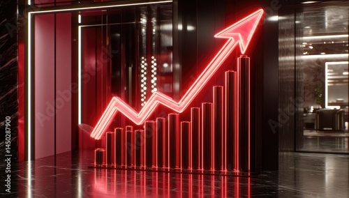Red neon graph ascends in modern lobby.  Interior design showcases rising growth
