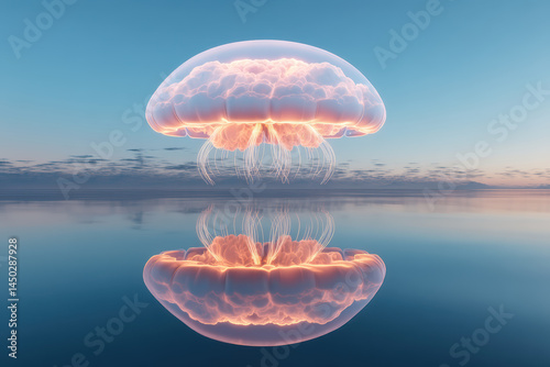 Giant glowing jellyfish floating in sky with reflection on calm water at sunset
