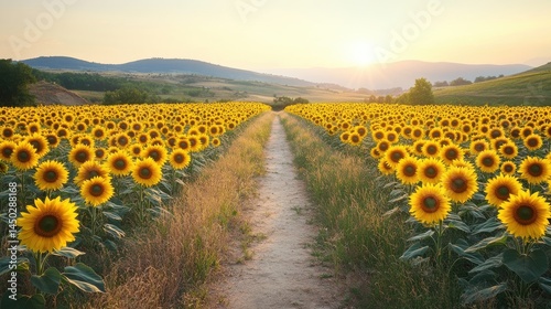 Wallpaper Mural Sunflower field at sunset with path leading towards mountains Torontodigital.ca