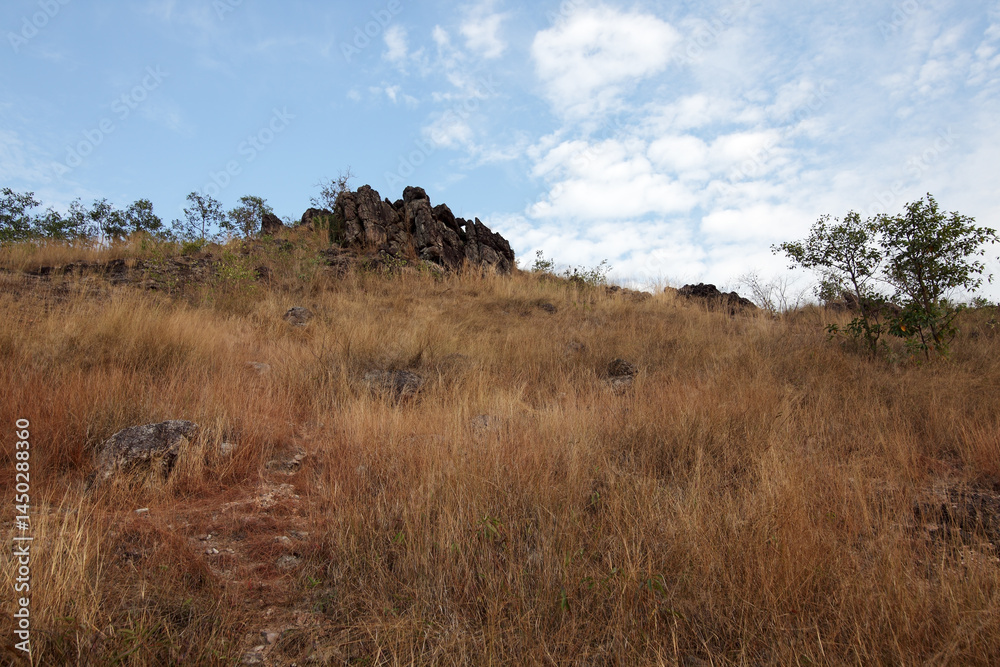 Naklejka premium Rocky Landscape Under Bright Sky with Grassy Hills and Clouds