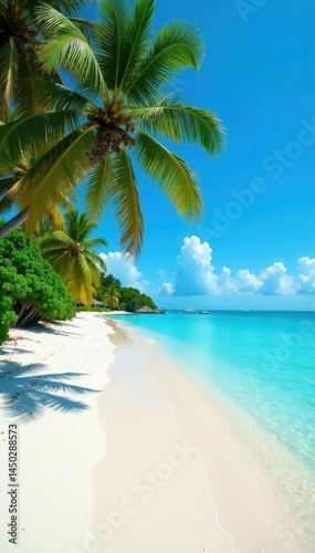 White sand beach, lush palms, clear blue water, green, sand