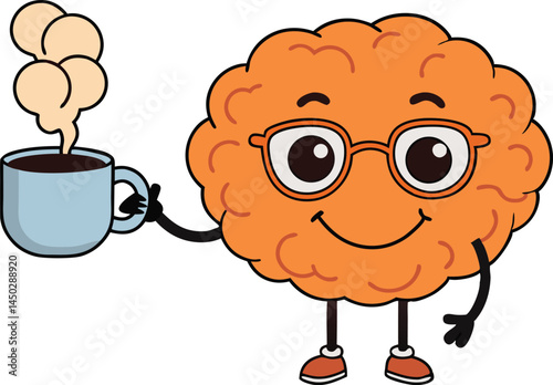 Retro Cartoon Brain with Coffee Mug – Whimsical Vector Design for Caffeine and Creativity