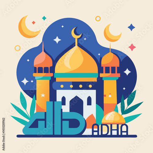 Colorful geometric Islamic architecture, Islamic architecture, golden domes, minarets, crescent moons, stars, night sky,