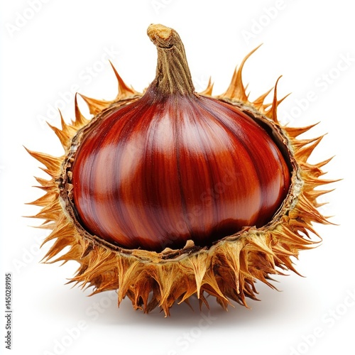 Chestnut with spiky shell showing rich brown color on white background