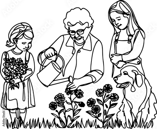 Elderly woman watering flowers with children and dog in garden  