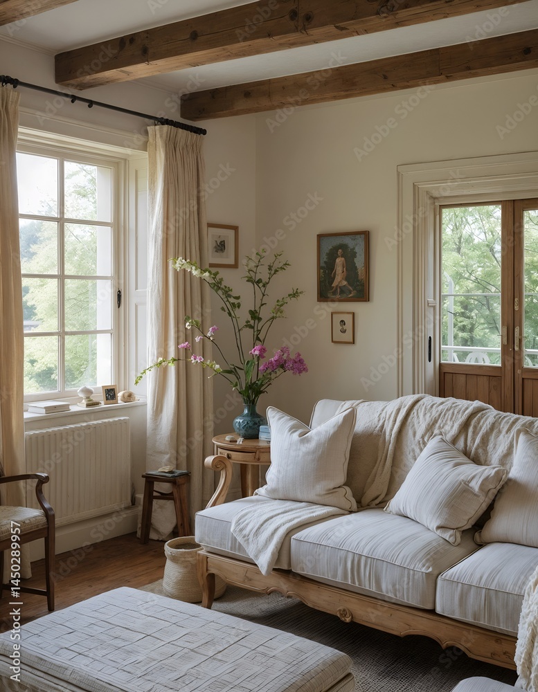 Fototapeta premium Cottage living room with natural light linen curtains and wooden bench 