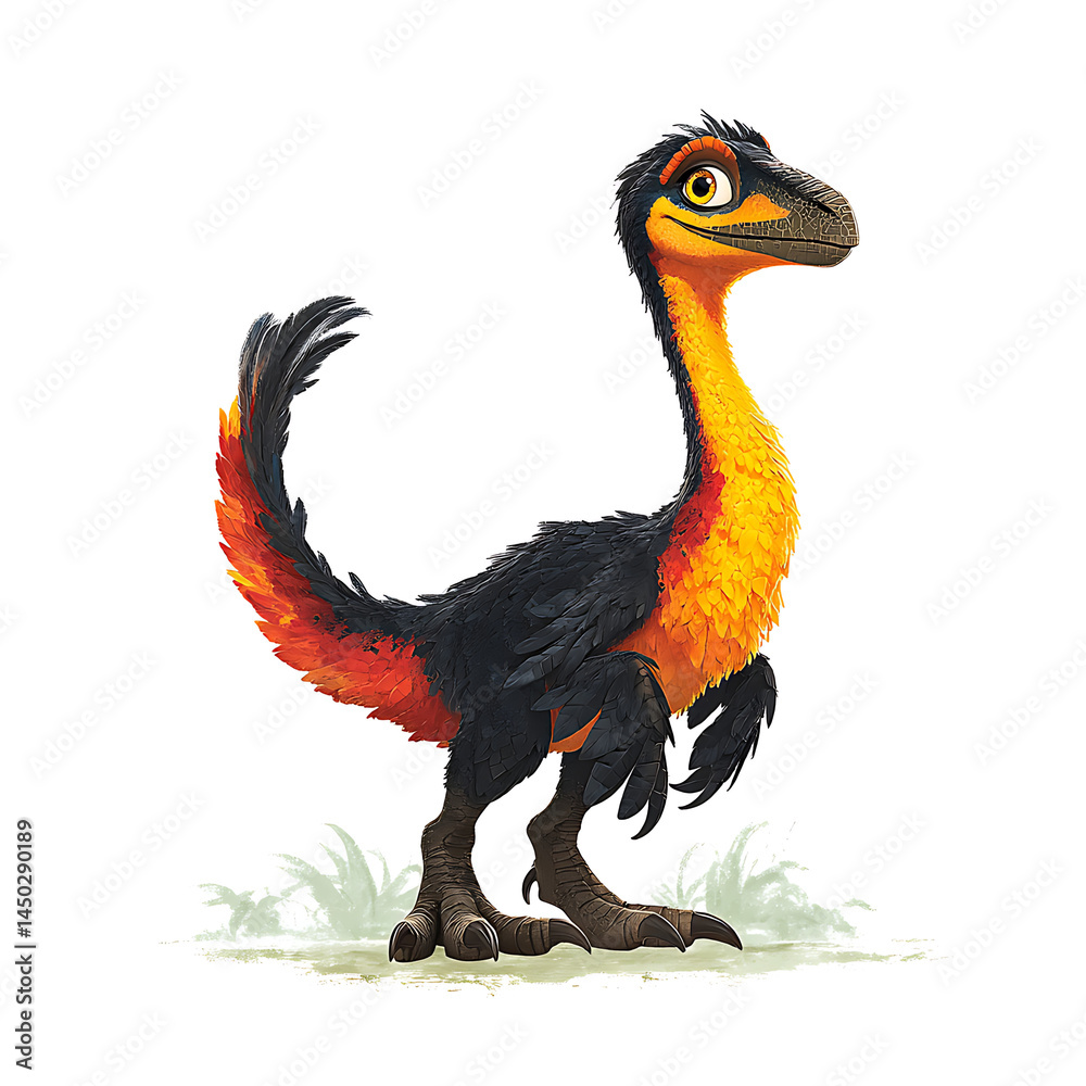 Fototapeta premium An animated feathered creature with a long neck stands on a grassy area, looking to the right. The character has black feathers on its body.