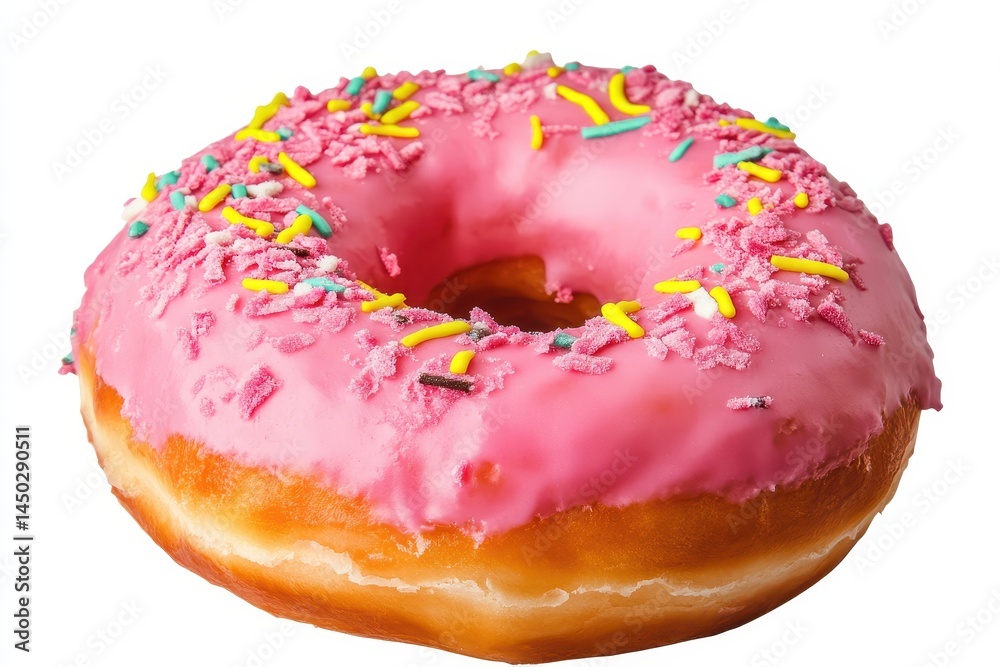 Colorful pink frosted donut with sprinkles on a white background, ideal for dessert imagery