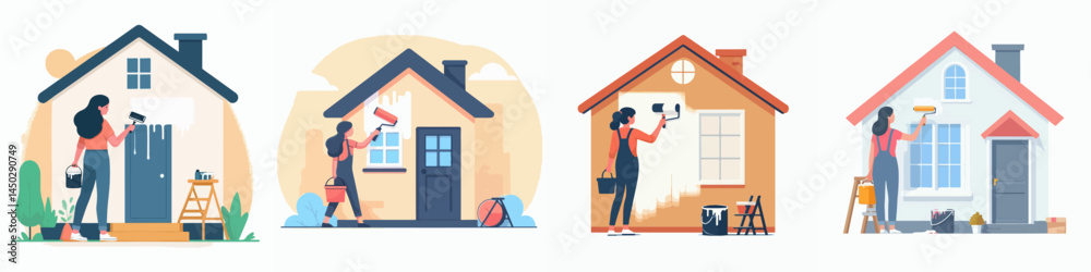 a woman is painting the walls of a house in vector flat design style a woman is painting the walls of a house in vector flat design style