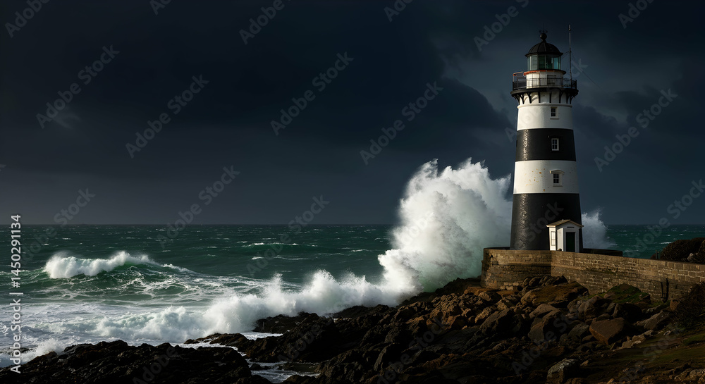 Dramatic Lighthouse Against Stormy Sky and Turbulent Ocean Waves Dramatic Lighthouse Against Stormy Sky and Turbulent Ocean Waves