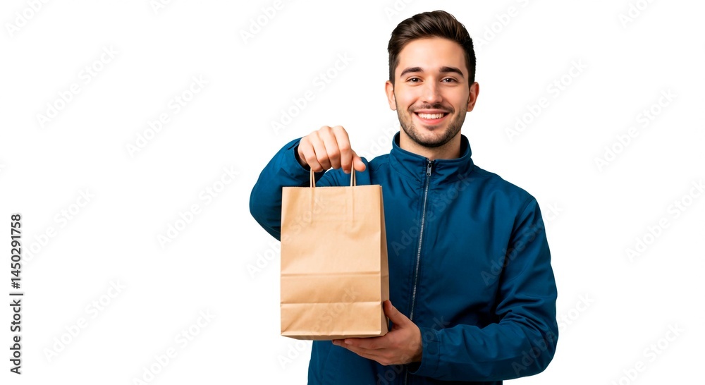 Man smiling holding a brown paper bag wearing a blue jacket against a white background in studio shot Man smiling holding a brown paper bag wearing a blue jacket against a white background in studio shot