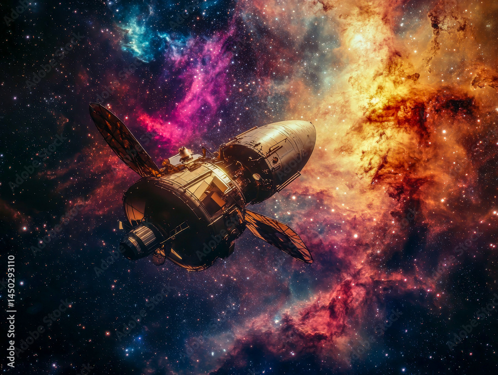 Fototapeta premium A retro-futuristic satellite floats through the vastness of deep space