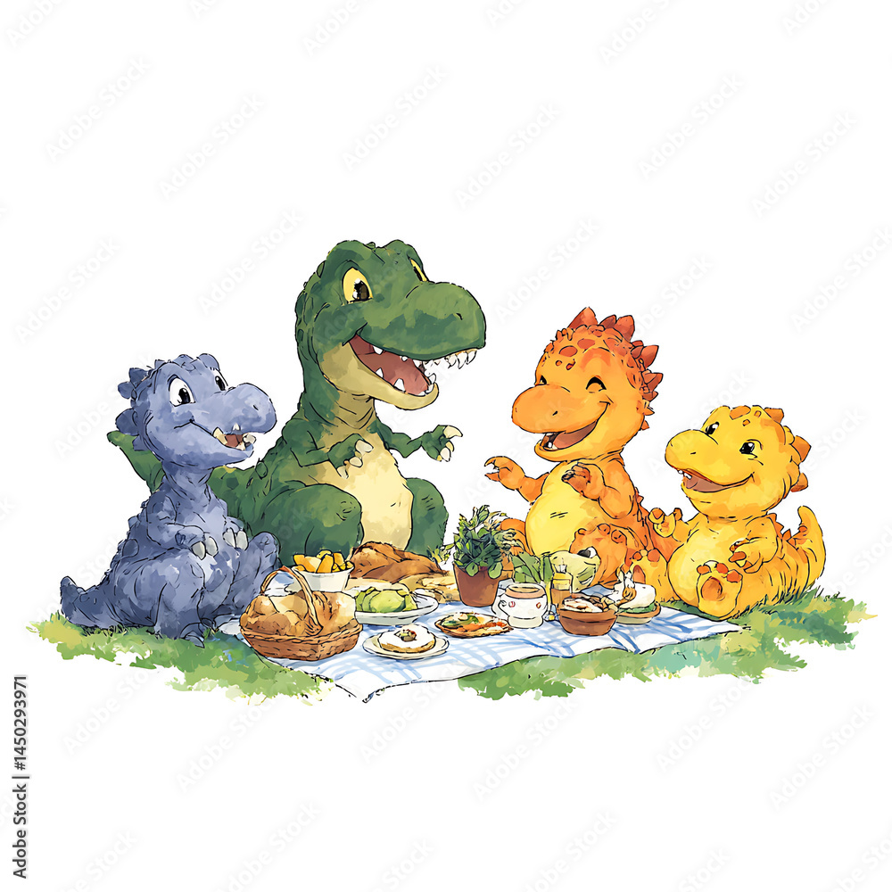 Naklejka premium Dinosaur Family Picnic: Colorful cartoon dinosaurs enjoy a cheerful picnic together on a sunny day, sharing food and friendship in a delightful scene.