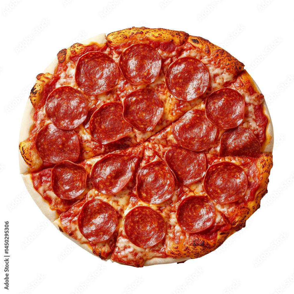 Delicious pepperoni pizza on a table, perfect for food-related projects. Sliced for sharing, it's a culinary delight! Delicious pepperoni pizza on a table, perfect for food-related projects. Sliced for sharing, it's a culinary delight!