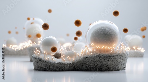 Futuristic representation of microbe playing key role carbon sequestration glowing microbial activity soil water converting CO2 into stable forms clean minimalist design pure white background no text