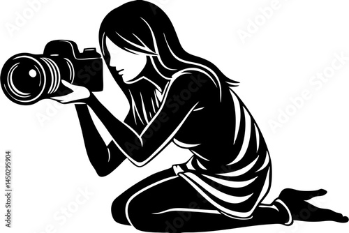 Silhouette design of a female photographer kneeling with camera on white background, silhouette, photographer, woman, kneeling, camera, photography, profession, professional, journalist, press, news