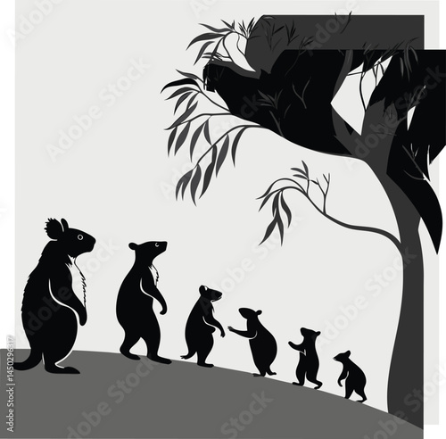 Koala family illustration walking under a gum tree silhouette