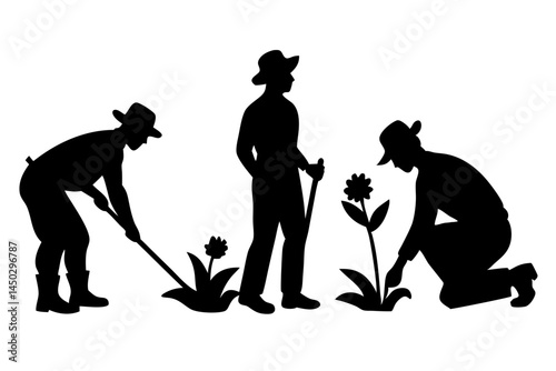 Three gardeners silhouettes on a white background gardening and horticulture theme, gardener, silhouettes, garden, white background, gardening, horticulture, teamwork, nature, agriculture, working