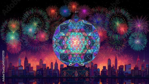 New Year's Eve fireworks explode over a vibrant, illuminated crystal ball, reflecting on a cityscape