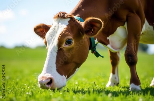 Brown and white cow grazing on lush green pasture under sunny skies