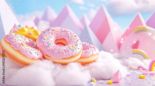 Sweet, pastel-colored donuts with pink and yellow glazes atop a fluffy cloud, with geometric blocky mountains in the background creating a fantastical setting