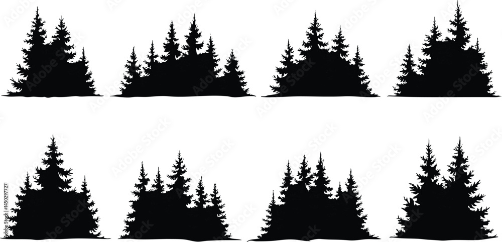 Fototapeta premium Black pine trees set vector illustration on white background silhouette