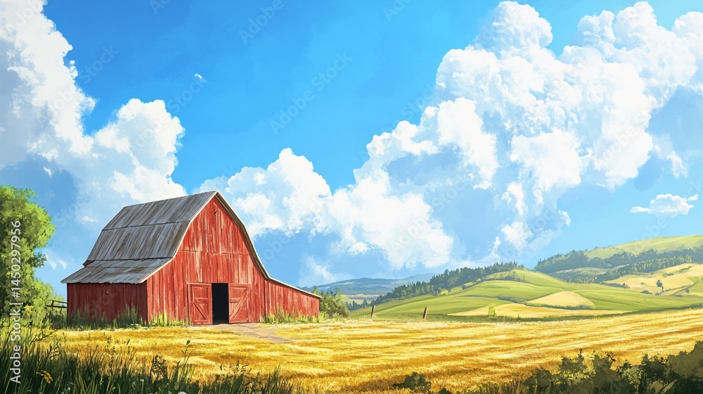 Obraz premium Rustic Red Barn in Idyllic Countryside Under Bright Blue Sky with Fluffy Clouds and Rolling Green Hills During Sunny Day in Vibrant Nature Setting