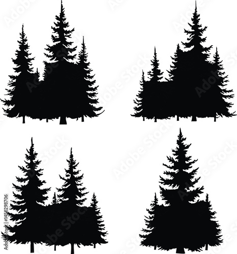 Tree icons are set in a modern flat style, Vector silhouette.