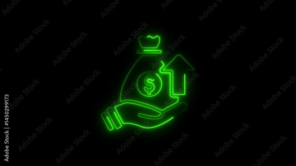 Glowing green financial growth concept with hand and rising arrow on black background Glowing green financial growth concept with hand and rising arrow on black background