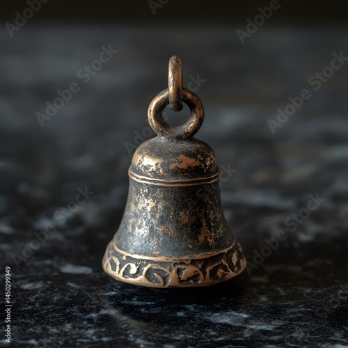 Antique-style bronze bell pendant. Detailed engraved design on the bell's body.  Dark patina and aged copper color. Small, decorative