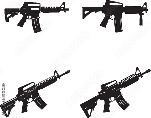 "Assault Rifle Silhouettes - Black and White Firearm Vector Collection"